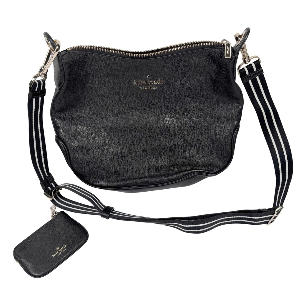 Kate Spade Womens Medium Crossbody Bag Black Pebbled Leather Striped Strap